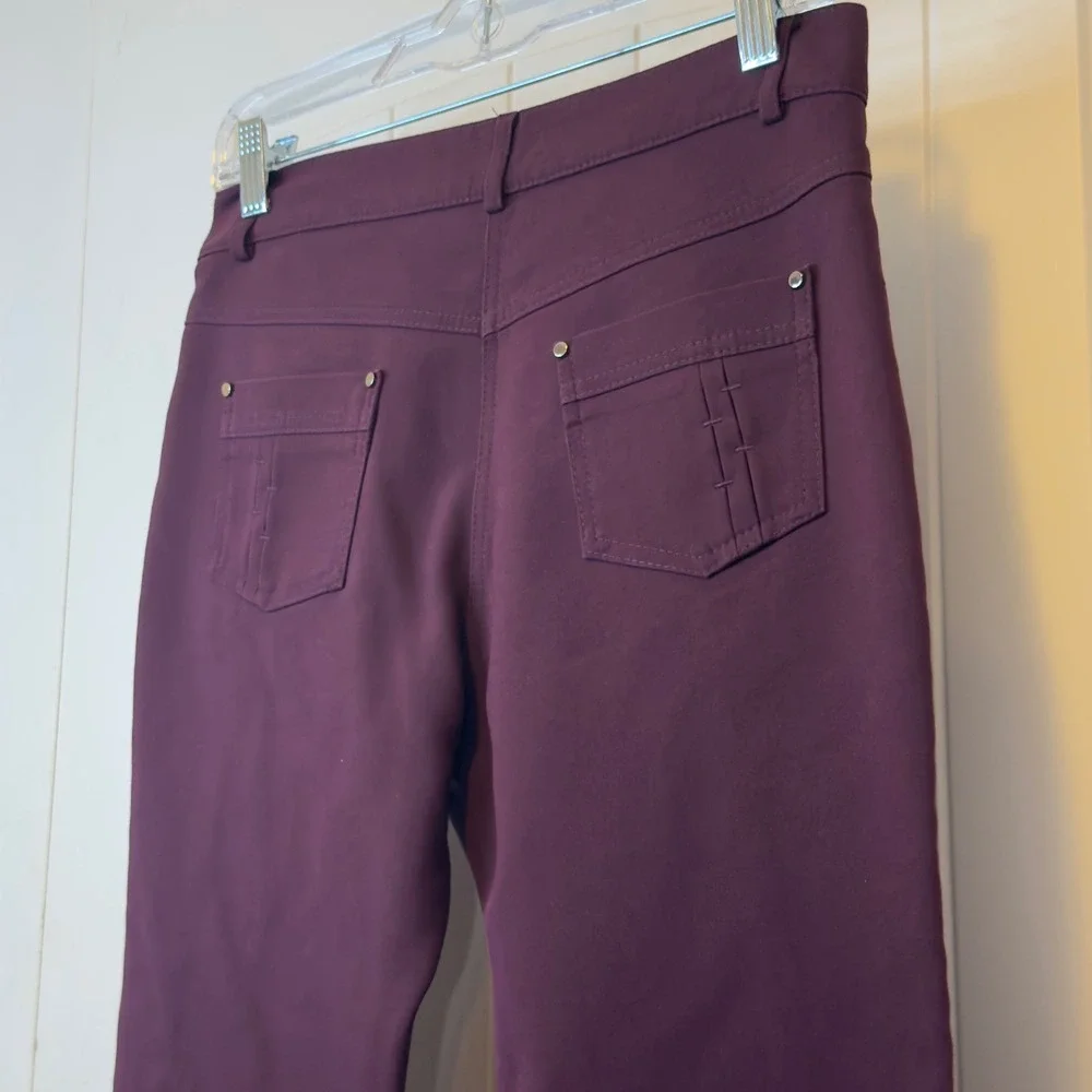 Esilla Women Plum Burgundy Crop Slim Fit Stretch Trousers Gold Zip Pockets Sz 6